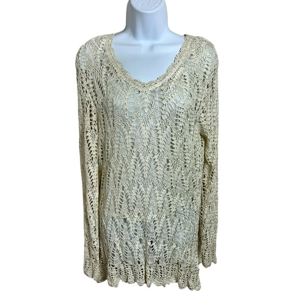 Emma James Cream Crochet Blouse Sz XL Long-Sleeve Lined Top V-Neck - Picture 6 of 6